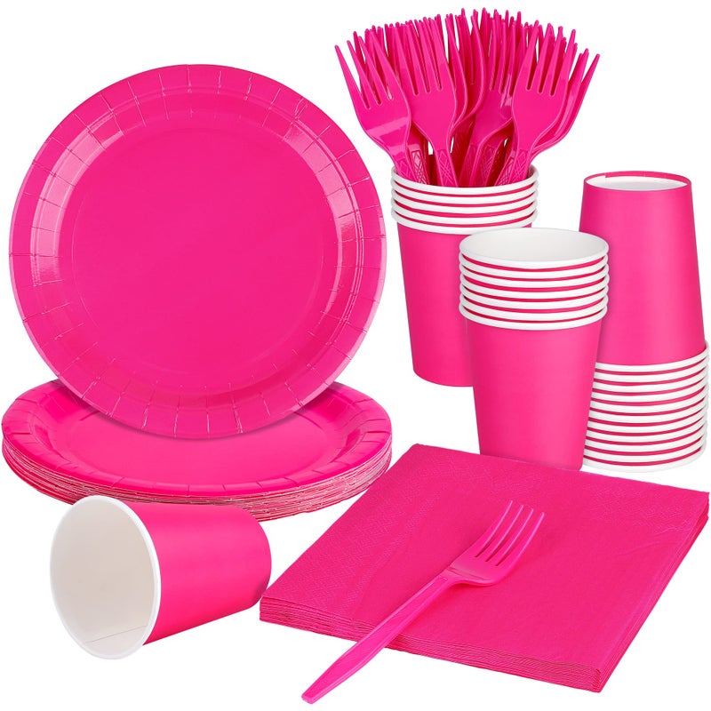 ADXCO Party Supplies  Pink Disposable Party Decorations for 24 9 Inch Pink Plates Cups  Napkins for Birthday Wedding Holiday Celebrations