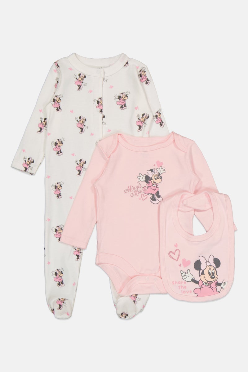 Disney Baby Toddlers Girl 3 Pieces Graphic Print Long Sleeve Bodysuits With Bib Set, Multicolor - Image 4