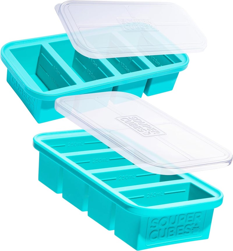 Souper Cubes قوالب سوبر كيوبز سعة 1 كوب من السيليكون مع أغطية - حاوية تحضير الوجبات السهلة وحل تخزين المطبخ - قوالب سيليكون لتخزين الطعام والحساء والعصائر والمزيد - لون أزرق مائي - عبوة مزدوجة - Image 1