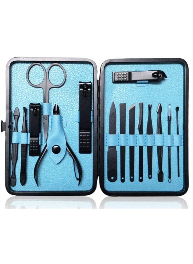 QLNE Sharp Nail Scissors and Nail Clippers Set High Precisio Stainless Steel Nail Cutter Pedicure Kit Nail File Manicure Pedicure Kit Fingernails & Toenails with stylish case (blue_(15in1)) - Image 1