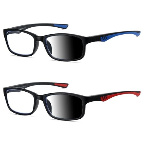 LKEYE Sport Reading Glasses Men Photochromic Lens Blue Light Blocking Computer Reader Wide Style Spring Hinge Eyeglasses 2Pack Red Blue LK6082 +1.00 Strength - Image 1