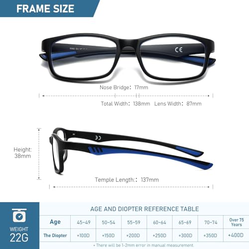 LKEYE Sport Reading Glasses Men Photochromic Lens Blue Light Blocking Computer Reader Wide Style Spring Hinge Eyeglasses 2Pack Red Blue LK6082 +1.00 Strength - Image 4