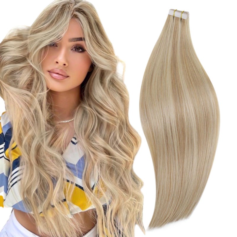 RUNATURE Tape in Hair Extensions Human Hair Blonde Short Human Hair Tape in Extensions Ash Blonde Mix Platinum Blonde Tape in Extensions Human Hair Straight Double Sided 12 Inch 30g 20pcs