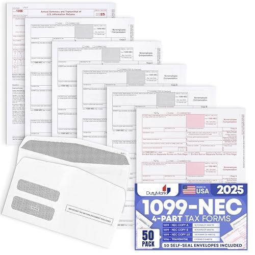 Dutymark 50 1099 NEC Tax Forms 2025 with Envelopes, 4 Part Legal Laser Tax Forms Kit, 50 Self Seal Envelopes, US Government Forms - Compatible with QuickBooks and Accounting Software, Made in The USA 50 Pack - Image 1