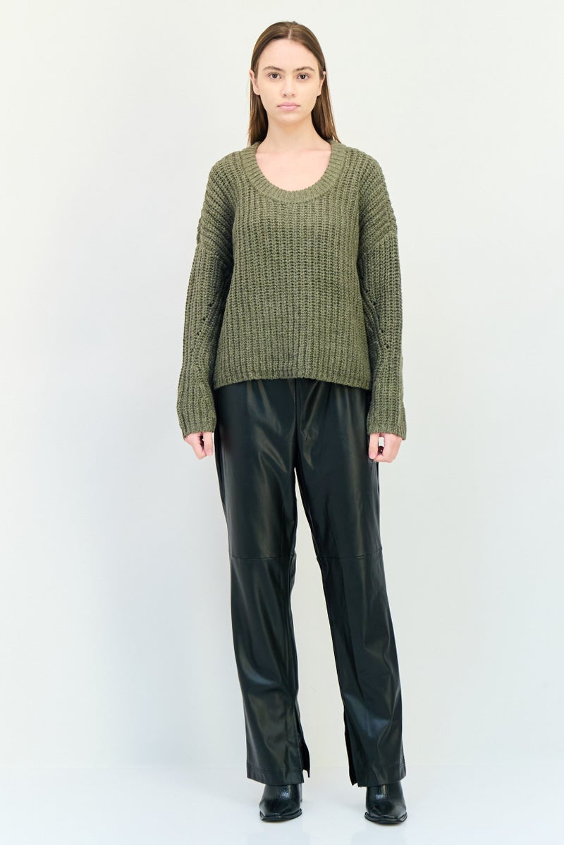 Aerie Women Round Neck Textured Sweater, Olive - Image 3