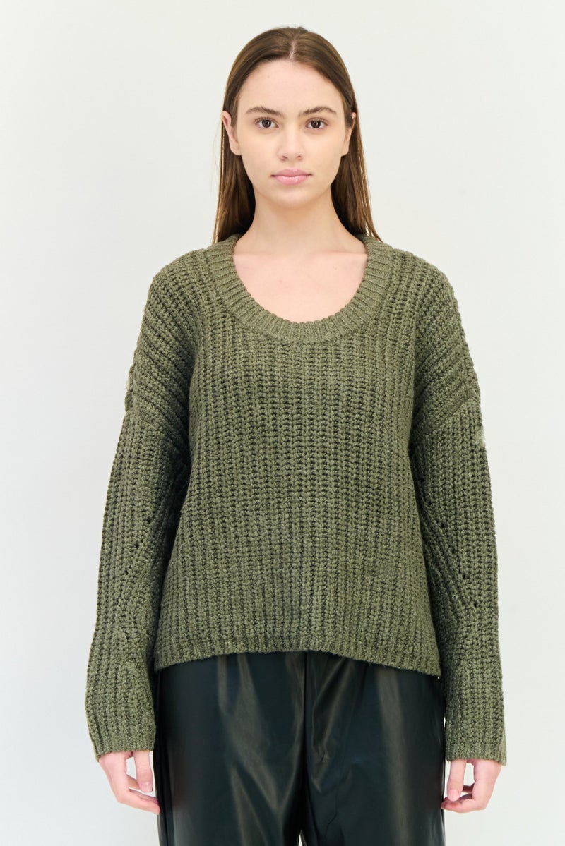 Aerie Women Round Neck Textured Sweater, Olive - Image 1