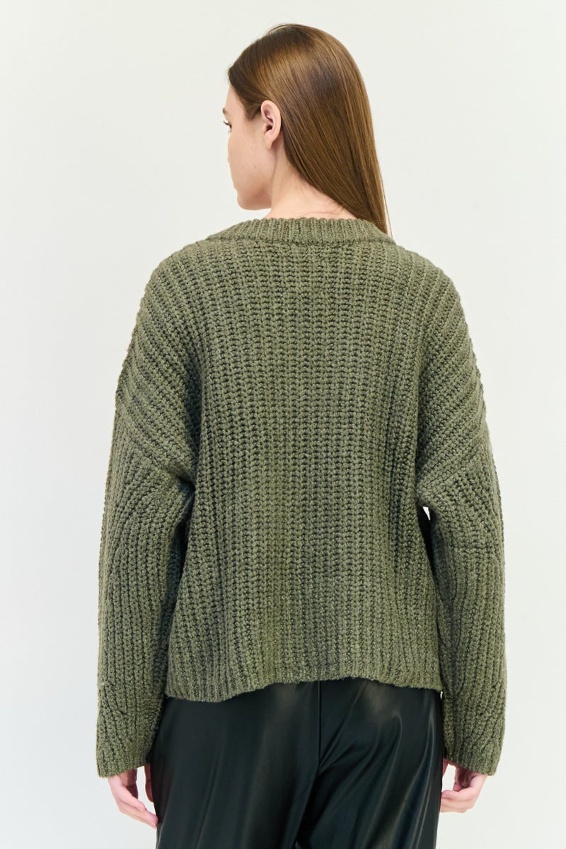 Aerie Women Round Neck Textured Sweater, Olive - Image 2