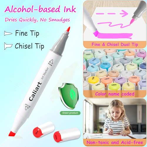 Caliart Markers, 100 Colors Dual Tip Art Markers Sketch Pens Permanent Alcohol Based, with Case for Adults Artists Drawing Illustration Sketching Coloring (White Barrel) - Image 2