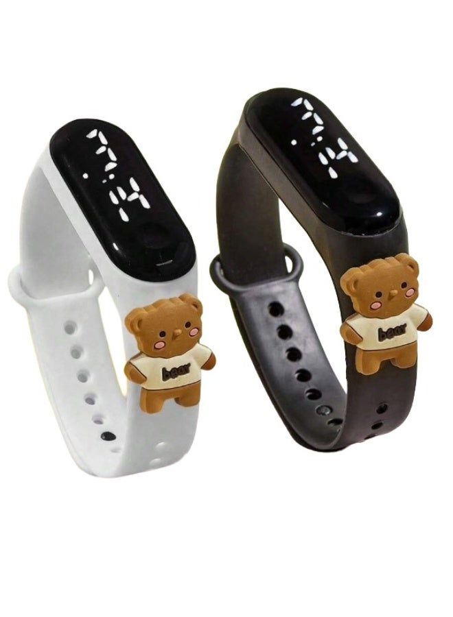 Pack of 2 bear-themed kids LED watches are described as Cute Brown Bear Numeric LED Children's Electronic Watches featuring a soft silicone strap - Image 1