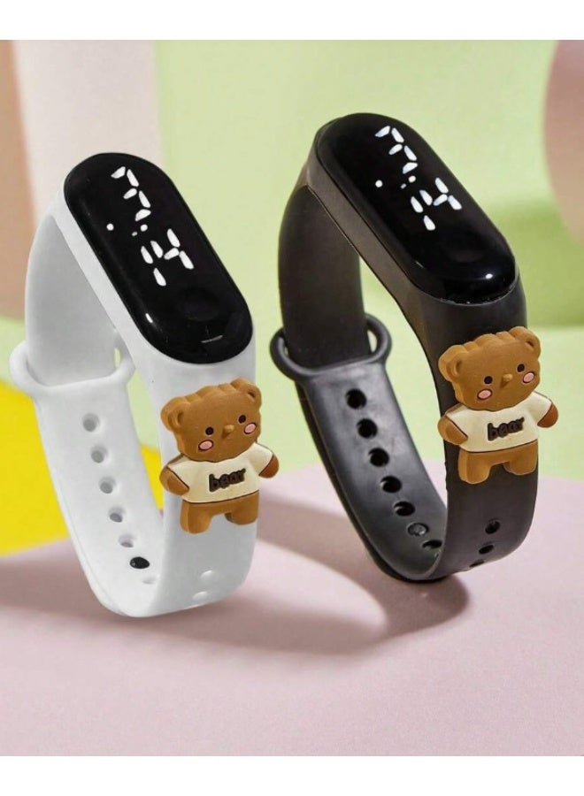 Pack of 2 bear-themed kids LED watches are described as Cute Brown Bear Numeric LED Children's Electronic Watches featuring a soft silicone strap - Image 3