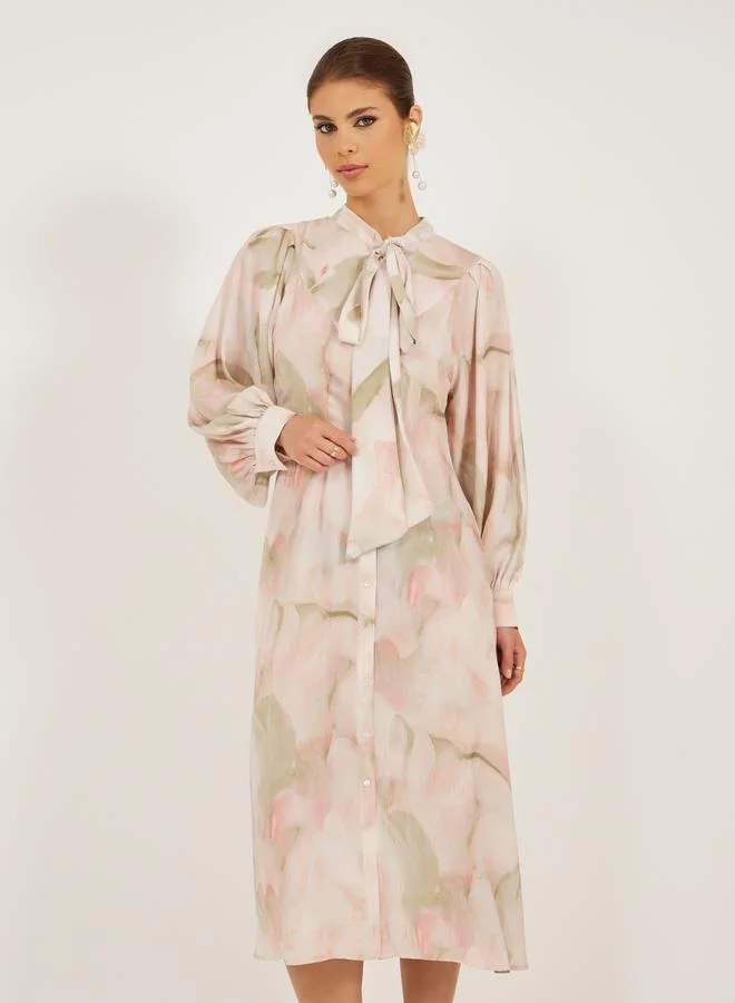 Styli Styli Printed Balloon Sleeves Tie-Up Neck Shirt Midi Dress