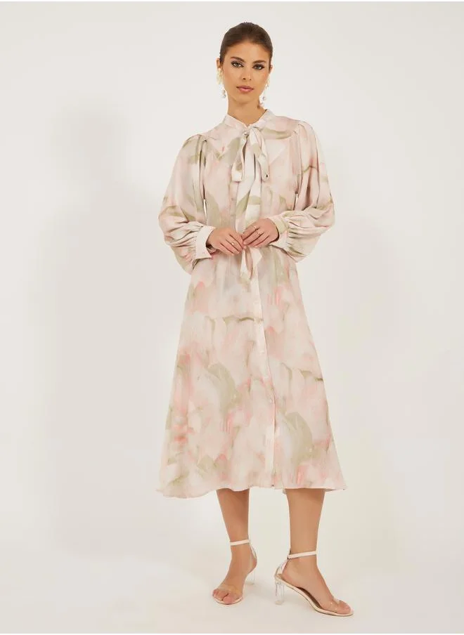 Styli Styli Printed Balloon Sleeves Tie-Up Neck Shirt Midi Dress