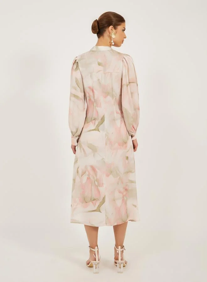 Styli Styli Printed Balloon Sleeves Tie-Up Neck Shirt Midi Dress