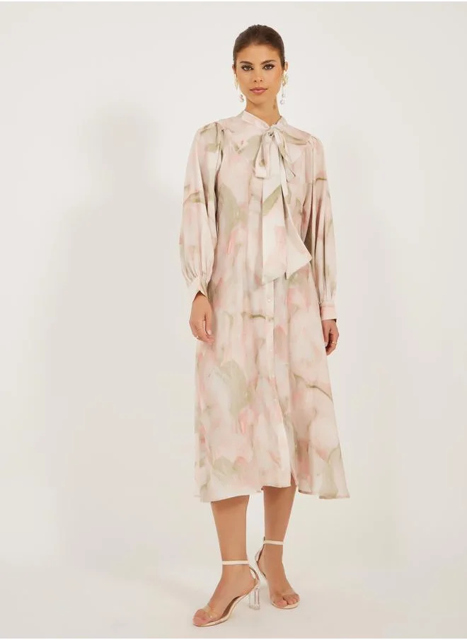 Styli Styli Printed Balloon Sleeves Tie-Up Neck Shirt Midi Dress