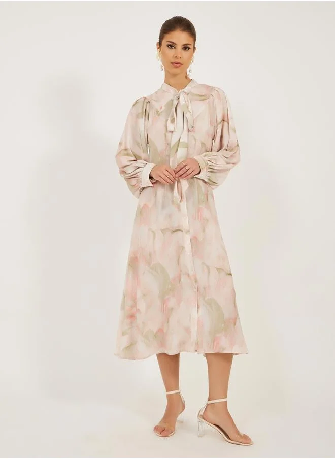 ستايلي Printed Balloon Sleeves Tie-Up Neck Shirt Midi Dress