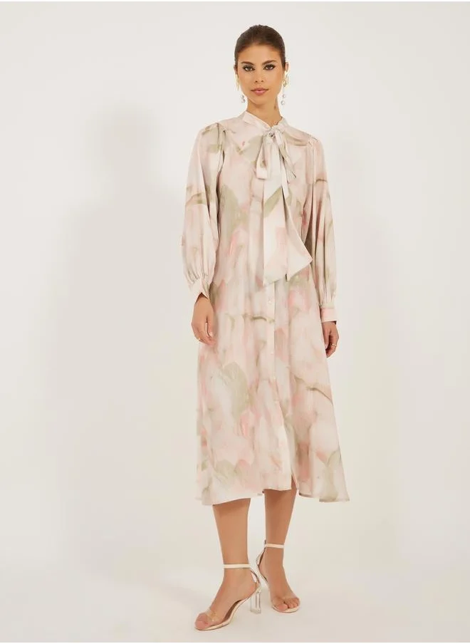 ستايلي Printed Balloon Sleeves Tie-Up Neck Shirt Midi Dress