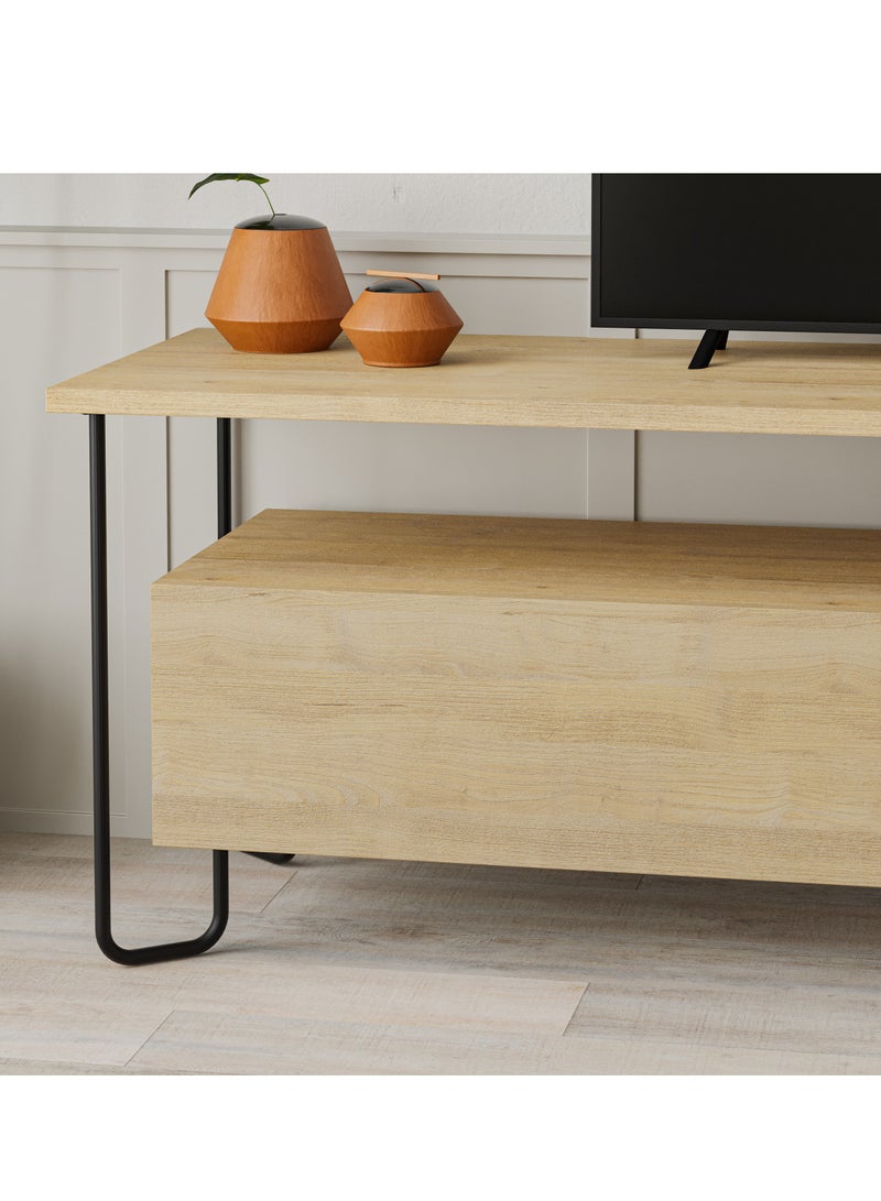 موراه خزانة تلفزيون موراه هوم كورنيا، بابان، لتخزين أجهزة تلفزيون حتى 60 بوصة | حامل تلفزيون عصري بأرجل معدنية متينة للمنازل والمكاتب والفنادق | خزانة تخزين | 150×42×45 سم (بلوط) - Image 4