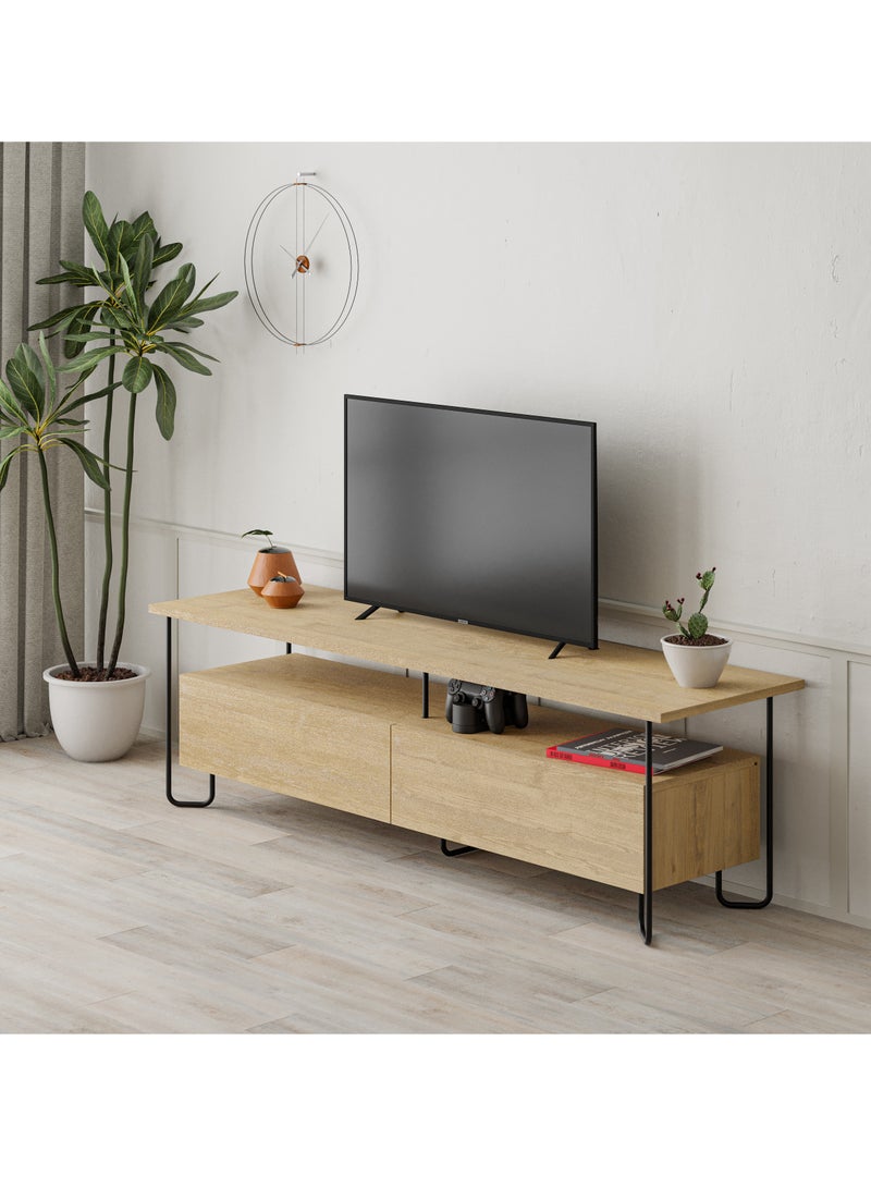موراه خزانة تلفزيون موراه هوم كورنيا، بابان، لتخزين أجهزة تلفزيون حتى 60 بوصة | حامل تلفزيون عصري بأرجل معدنية متينة للمنازل والمكاتب والفنادق | خزانة تخزين | 150×42×45 سم (بلوط) - Image 2