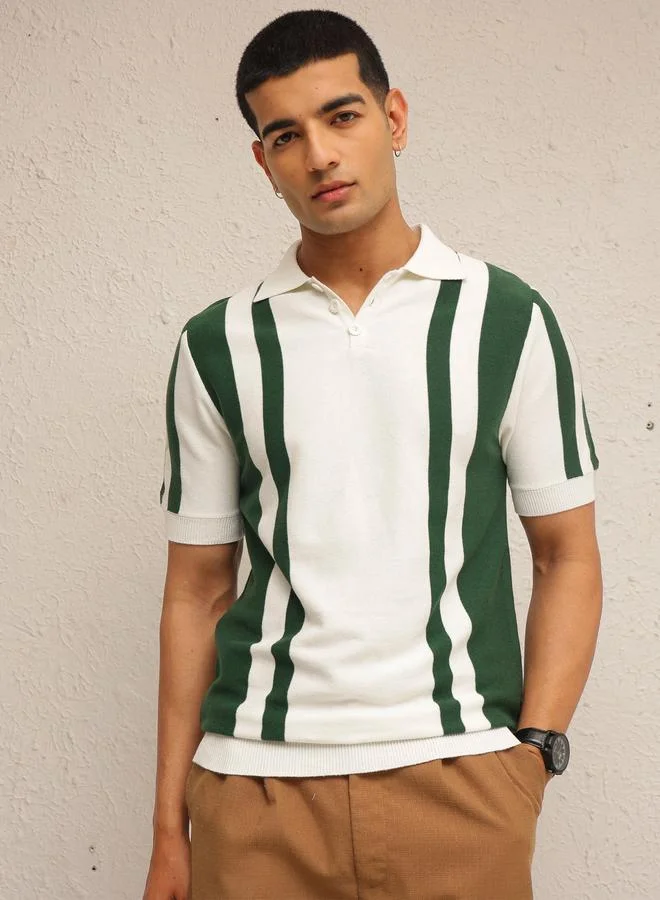 ساسافراس Men White Striped Relaxed Fit Knitted Polo T-Shirt