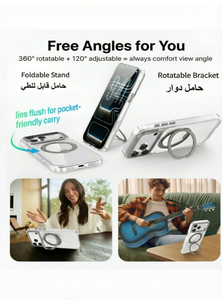 حافظة هاتف شفافة لـ أيفون 17 برو ماكس 6.9 بوصة مع حلقة قابلة للدوران 360 درجة، مع زر تحكم الكاميرا، متوافقة مع مايج سيف، محممة من الصدمات، بنمط رفيع، مع حامل قائم وحامل حلقة (رمادي) - Image 5