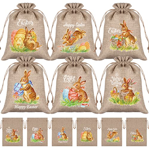 Whaline 24 Pcs Easter Burlap Gift Bag Linen Jute Drawstring Bag 5.9 x 7.9 Inch Bunny Rabbit Egg Gift Pouch Bags Rustic Treat Candy Bags for Party Favor DIY Craft - Image 1