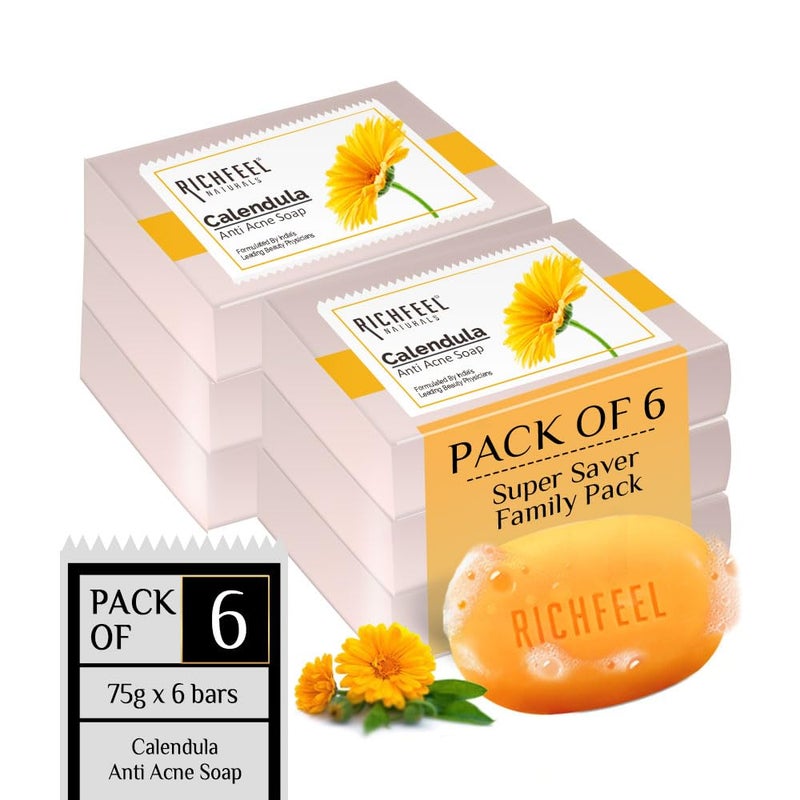 Richfeel Calendula Anti Acne Soap  Power of Soothing Calendula Extracts  For skin prone to Acne  Blemishes  Physician Formulated  Helps Calm  Replenish Skin  75 g Pack of 6 - Image 1