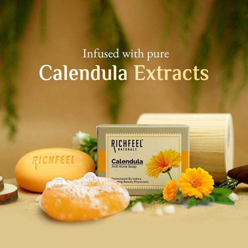 Richfeel Calendula Anti Acne Soap  Power of Soothing Calendula Extracts  For skin prone to Acne  Blemishes  Physician Formulated  Helps Calm  Replenish Skin  75 g Pack of 6 - Image 3