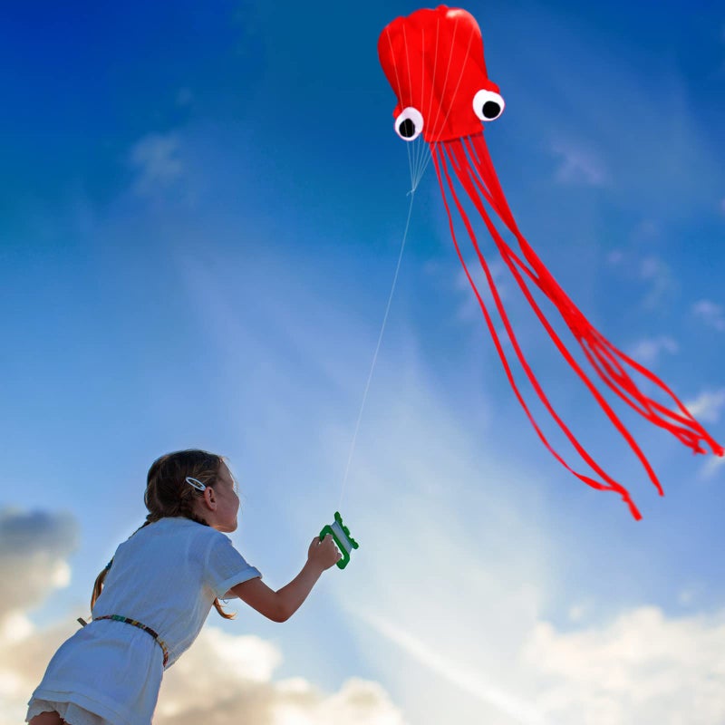 Hengda Kite طائرة هنجدا الطائرة البرمجية الأخطبوط مع ذيل ملون طويل للأطفال، بعرض 31 بوصة وطول 157 بوصة، كبيرة، حمراء - Image 4