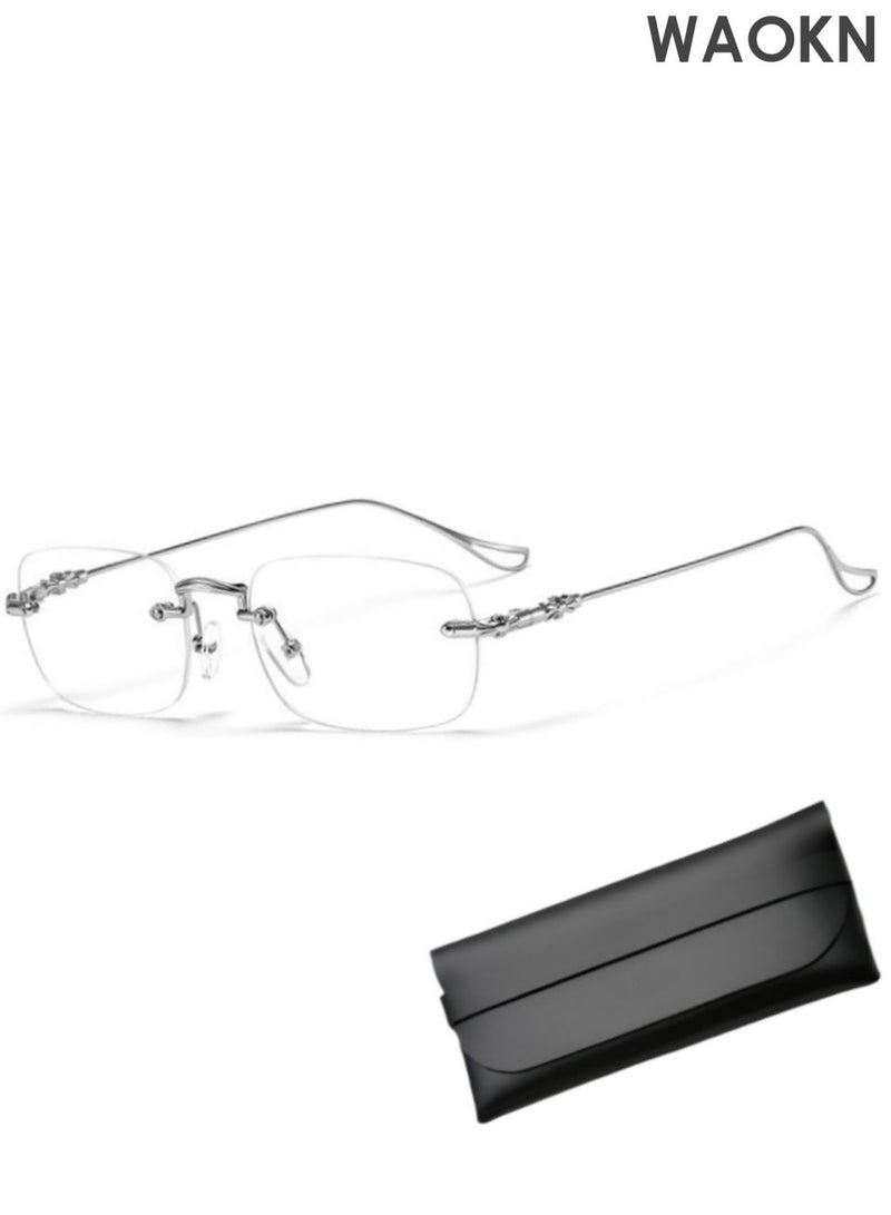 دبليو أيه أو كي أن نظارات قراءة بدون إطار، نظارات قراءة بدون إطار مضادة للزرقاء للرجال والنساء، مساعدة في القراءة، مساعدة بصرية في مكان العمل، نظارات مضادة للتعب بقوة لكبار السن، نظارات معدنية خفيفة الوزن للغاية بدون إطار، لا تتشوه بسهولة، فضية. - Image 1