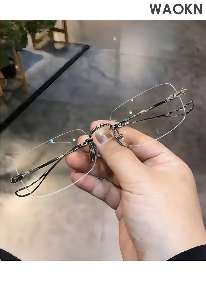 دبليو أيه أو كي أن نظارات قراءة بدون إطار، نظارات قراءة بدون إطار مضادة للزرقاء للرجال والنساء، مساعدة في القراءة، مساعدة بصرية في مكان العمل، نظارات مضادة للتعب بقوة لكبار السن، نظارات معدنية خفيفة الوزن للغاية بدون إطار، لا تتشوه بسهولة، فضية. - Image 4