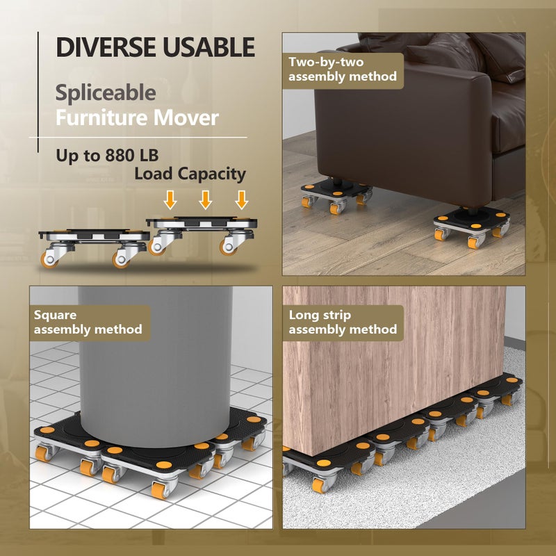 Oneon Furniture Mover Pro - 4Pack Enhanced Dollies With Custom Tpe Wheels - Effortless Heavy Furniture Transport (Black: 4 Dollies Only) - Image 4