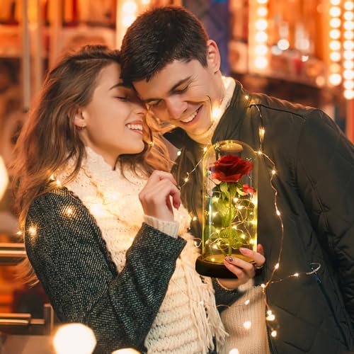 SW Preserved Rose Enchanted Rose Red Silk Rose in Glass Dome with LED Lights Pine Base, Romantic Home Decor Gifts for Mom Women Valentines Day Christmas Mothers Day Wedding Anniversary Birthday - Image 2