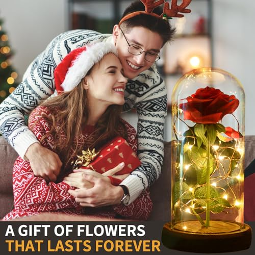 SW Preserved Rose Enchanted Rose Red Silk Rose in Glass Dome with LED Lights Pine Base, Romantic Home Decor Gifts for Mom Women Valentines Day Christmas Mothers Day Wedding Anniversary Birthday - Image 4