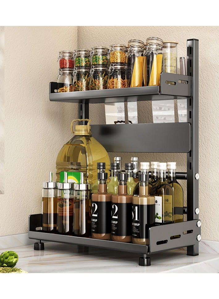 DUNISO 2-Tier Stainless Steel Spice Shelf,  Height-Adjustable Kitchen Countertop Organizer，Anti-Slip  Standing  Seasoning Storage Shelf ,with Knife Utensil Holder Tray for Kitchen
