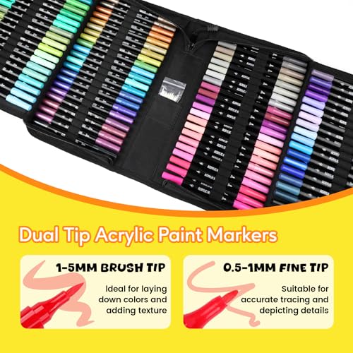 Pagather 120 Colors Acrylic Paint Markers, Dual Tip Fine and Brush Tips Pens Contain 24 Metallic Color for Stone, Wood, Calligraphy, Canvas, Ceramic, Metal, Glass, Rock Painting, DIY Crafts Art Supplies Kit - Image 2