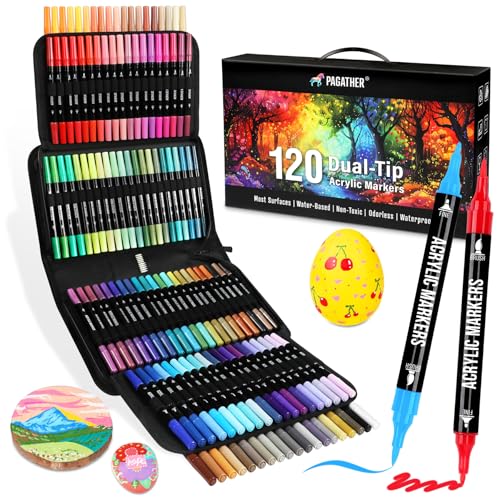 Pagather 120 Colors Acrylic Paint Markers, Dual Tip Fine and Brush Tips Pens Contain 24 Metallic Color for Stone, Wood, Calligraphy, Canvas, Ceramic, Metal, Glass, Rock Painting, DIY Crafts Art Supplies Kit - Image 1