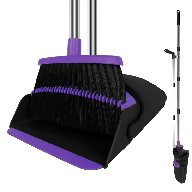 Broom and Dustpan Set Upright Purple Broom with Dustpan Combo Set 51 Long Handle Self Cleaning Dust Pan for Home Kitchen and Office