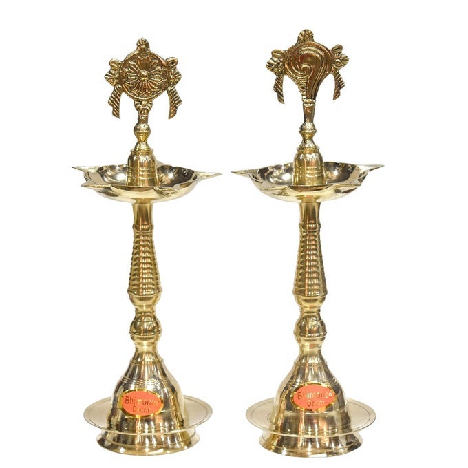 PURE BRASS SHANKU CHAKRA KERLA FANCY DIYA 11 INCHES BRASS COLOUR PACK OF 1 PAIR