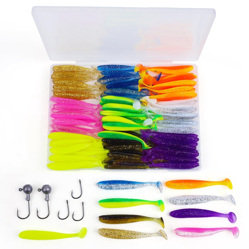 QEEGO Soft Fishing Luresï¼Œ90pcs Fishing Soft Plastic Lures and 5pcs Fishhook,Paddle Tail Swimbaits Soft Plastic Lures Kit for Bass Trout Walleye Crappie - Image 1