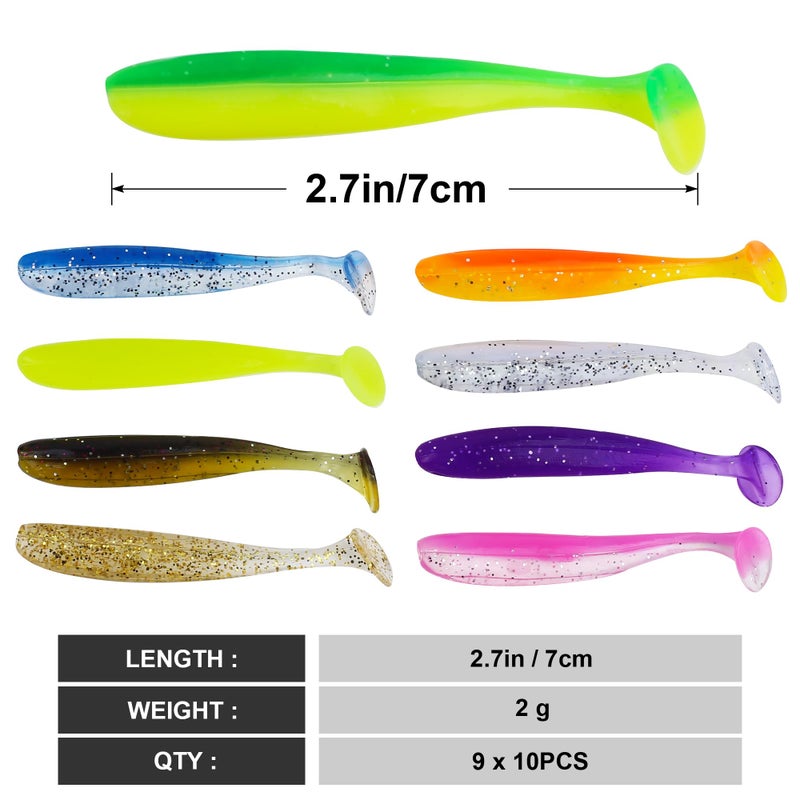 QEEGO Soft Fishing Luresï¼Œ90pcs Fishing Soft Plastic Lures and 5pcs Fishhook,Paddle Tail Swimbaits Soft Plastic Lures Kit for Bass Trout Walleye Crappie - Image 2