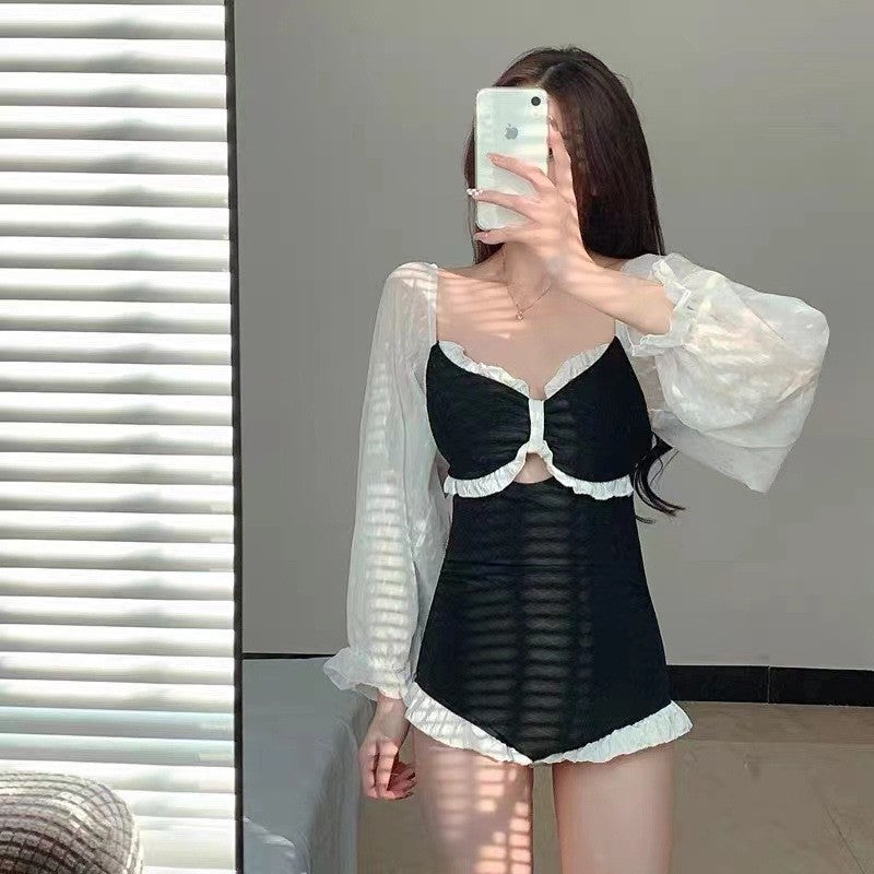 2026 New Women''s Summer Lace One-Piece Swimsuit, Slimming, Tummy-Covering, Long-Sleeved, Conservative, Preppy Style, Hot Spring Swimwear - Image 2