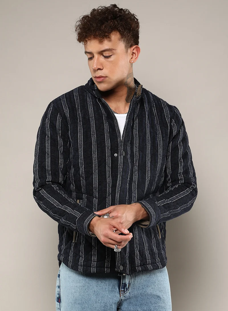 Campus Sutra Men's Navy Blue Fleece Block Denim Jacket For Casual Wear | Spread Collar | Long Sleeve | Button Closure | Jacket Crafted With Comfort Fit For Everyday Wear