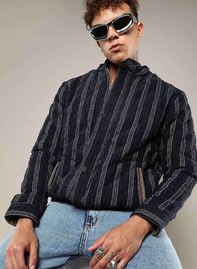 Campus Sutra Men's Navy Blue Fleece Block Denim Jacket For Casual Wear | Spread Collar | Long Sleeve | Button Closure | Jacket Crafted With Comfort Fit For Everyday Wear