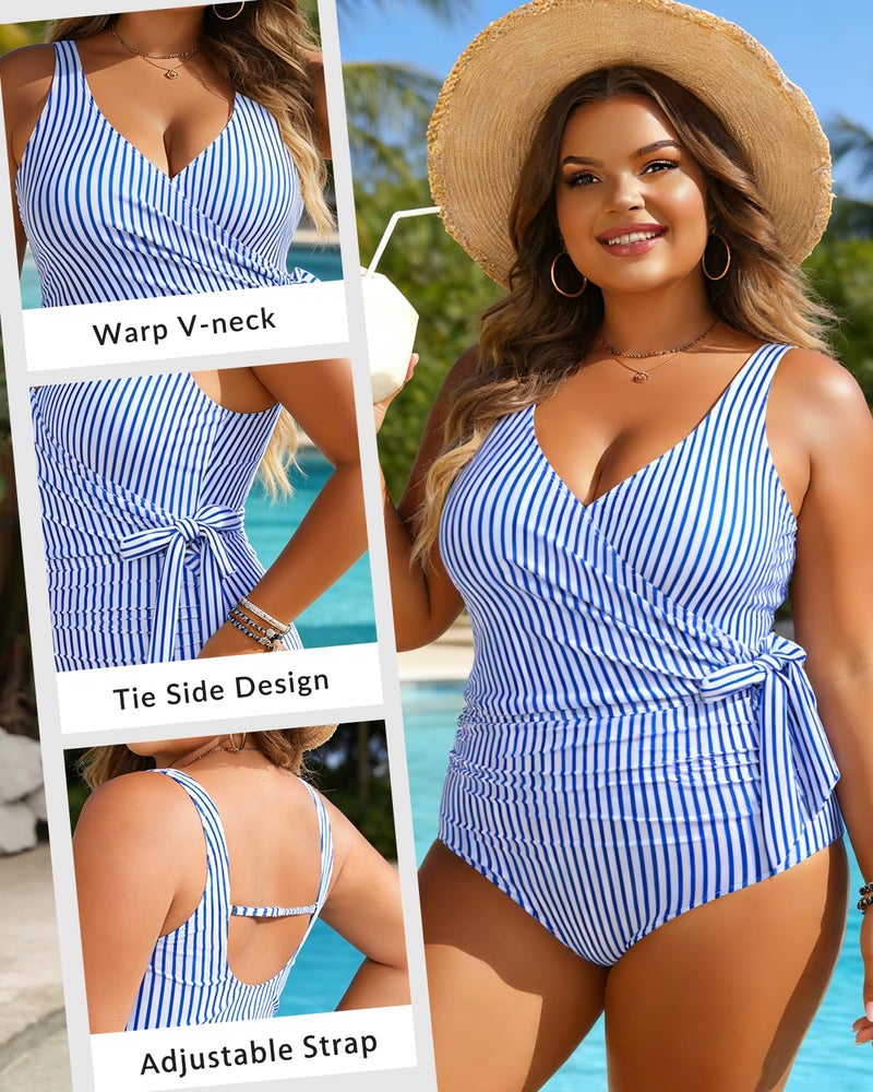 Yonique Plus Size One Piece Swimsuits for Women Tummy Control Bathing Suits Full Coverage Swimwear Blue Stripe 16W - Image 5