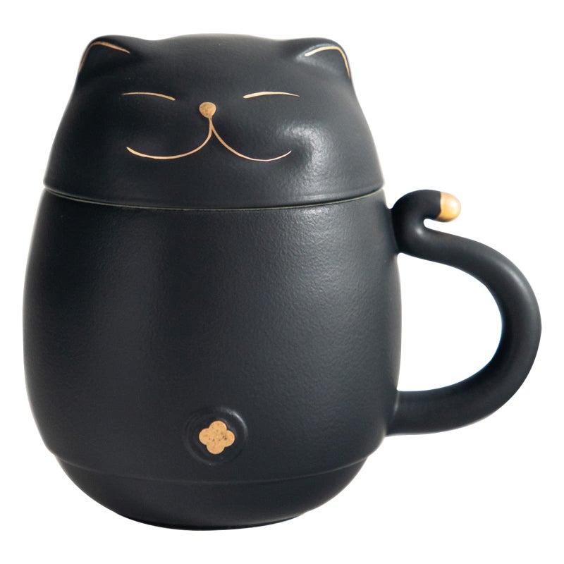 HEER Cat Tea Cup with Infuser and Lid Ceramic Tea Mug for Steeping Loose Leaf Funny Cat Lover Gifts for Women Cute Ceramic Teacup with Strainer Christmas Birthday Gifts for Frinds Sister Black