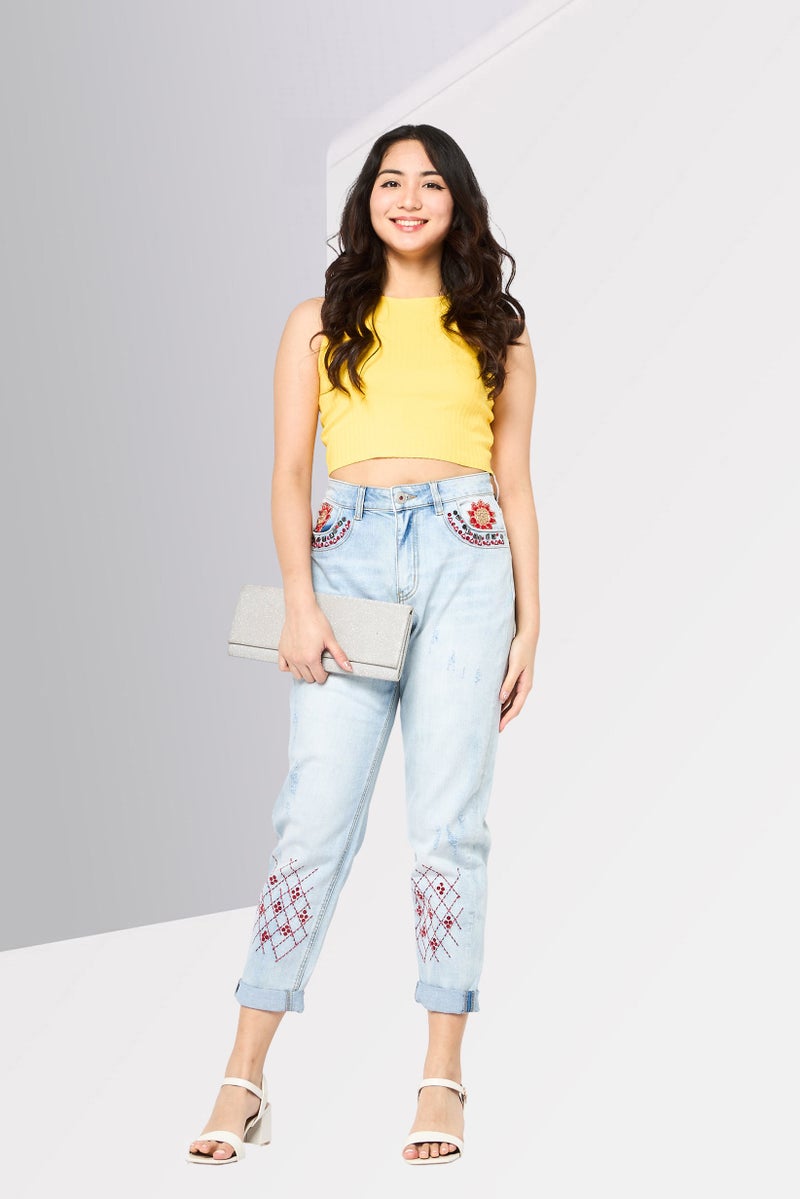 DESIGUAL Women Regular Fit Embroidered Stretchable Denim, Light Blue - Image 2