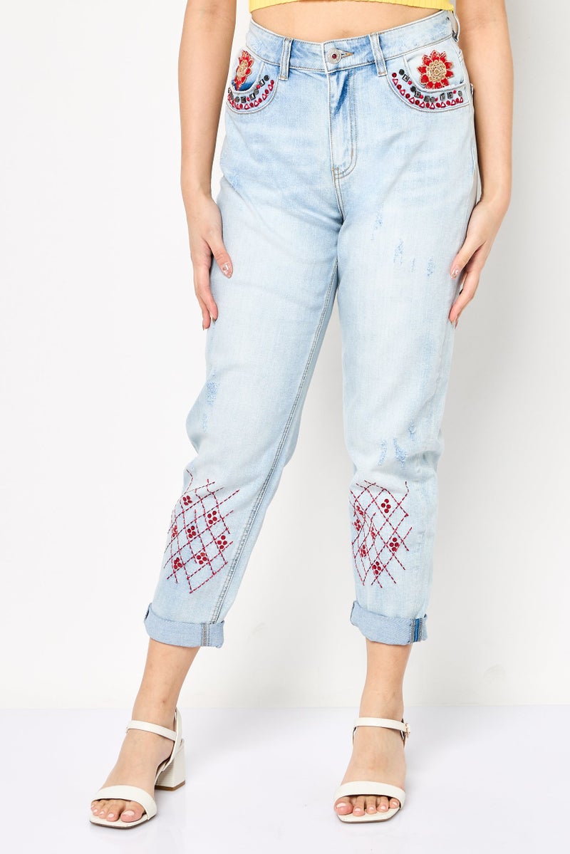 DESIGUAL Women Regular Fit Embroidered Stretchable Denim, Light Blue - Image 1