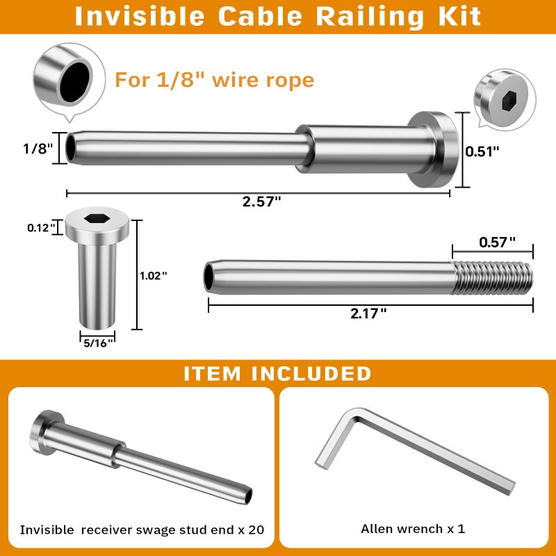 CELYND Invisible Cable Railing Kit - 20 Pack 1/8" T316 Stainless Steel Invisible Receiver Swage Stud End for 2"x2" Wood Metal Post - Deck Cable Railing Hardware - Image 2