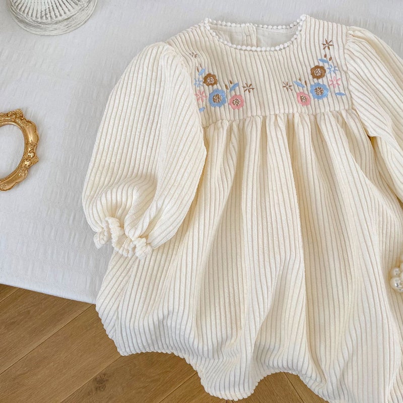 Ins2025 Spring Clothing Infants And Young Kidsren Baby Girl Embroidered Lace Collar Bubble Long-Sleeved Pit Striped Lady Long Skirt - Image 4