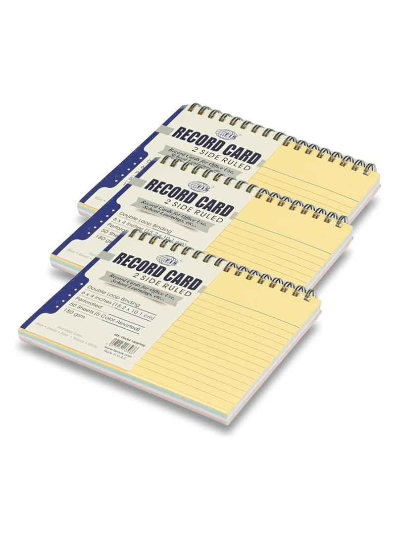 FIS® Ruled Record Cards, Size:6"x4" Inches (152x102mm), Double Loop Spiral Binding, Two Sides Single Ruled,180gsm, Perforated, 50 Sheets Per Pad,Packet of 3 Pieces, 5 Assorted Colors-FSIC64-180SPP50-3 - Image 1